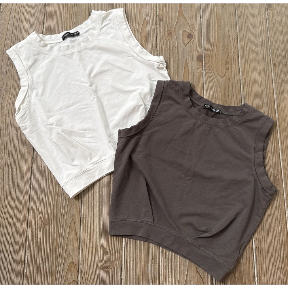 Women’s Arrive Guide White Brown Sleeveless Cropped Activewear Shirts Small - 2
